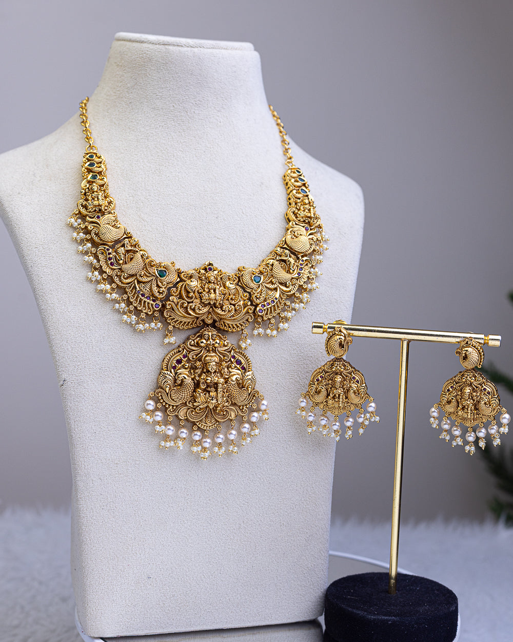 Royal Mahalakshmi Heritage Set white pearl Temple Haram - (Premium Masterpiece Edition) – By Suwarnikaa Jewels