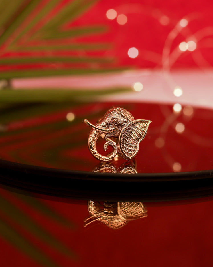 Elephant head  Gold Plated with stones Brass Temple Finger Ring