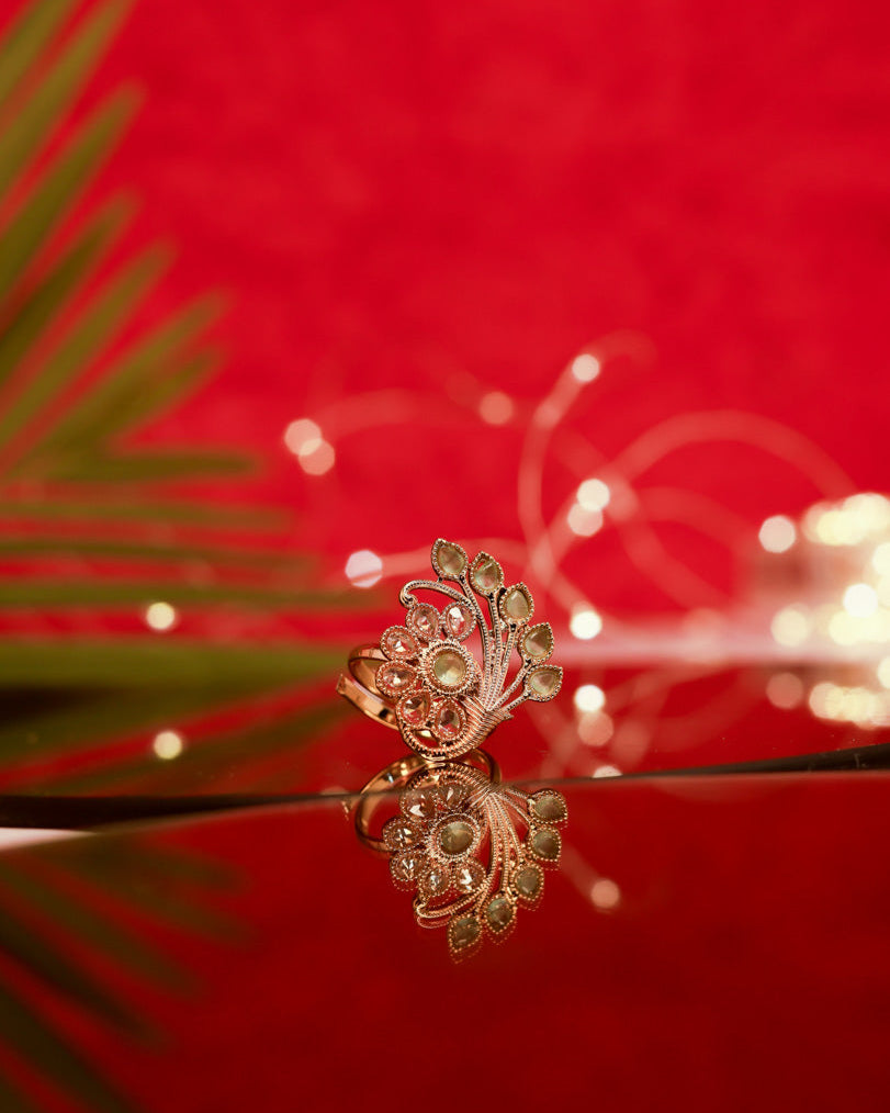 Suwarnikaa's Festive Petal Ring Gold Plated with stones Brass  Finger Ring