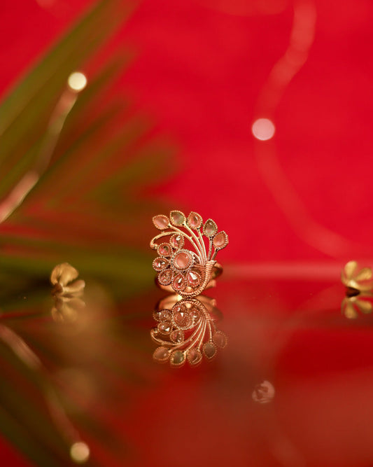 Suwarnikaa's Festive Petal Ring Gold Plated with stones Brass  Finger Ring