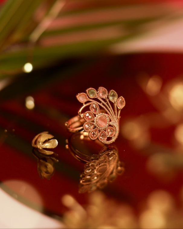 Suwarnikaa's Festive Petal Ring Gold Plated with stones Brass  Finger Ring
