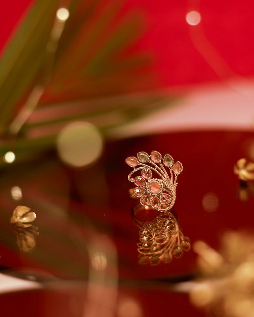 Suwarnikaa's Festive Petal Ring Gold Plated with stones Brass  Finger Ring