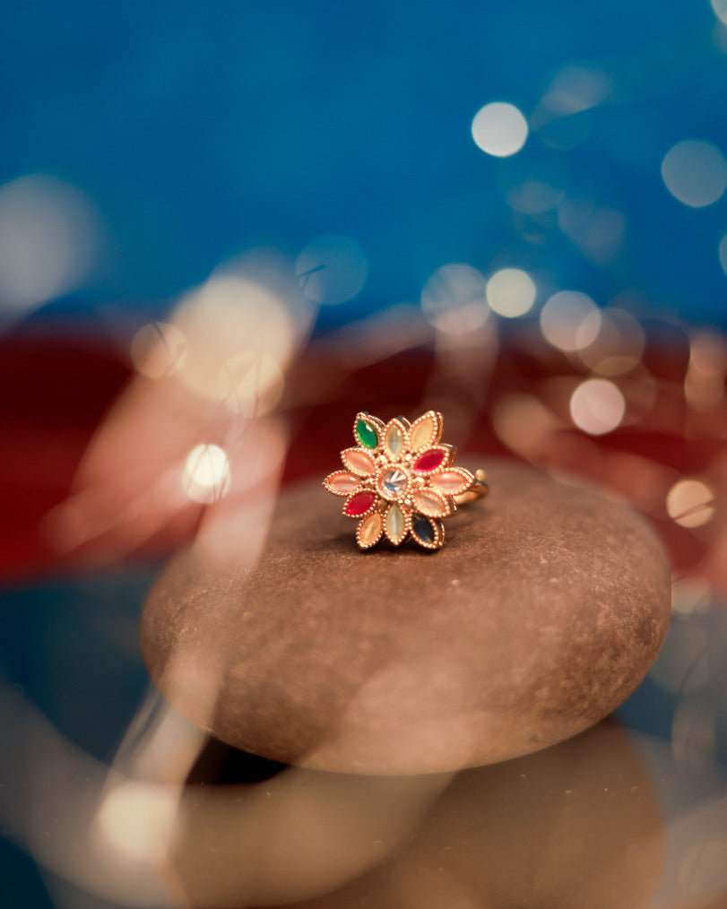Suwarnikaa's Kaleidoscope Bloom Ring Gold Plated with stones Brass  Finger Ring