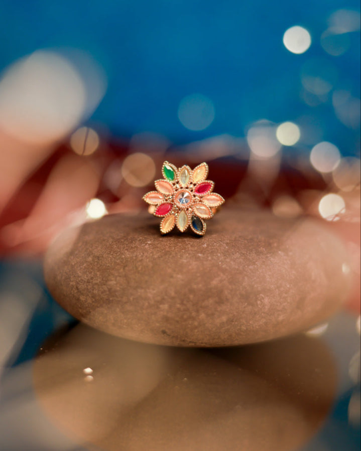 Suwarnikaa's Kaleidoscope Bloom Ring Gold Plated with stones Brass  Finger Ring