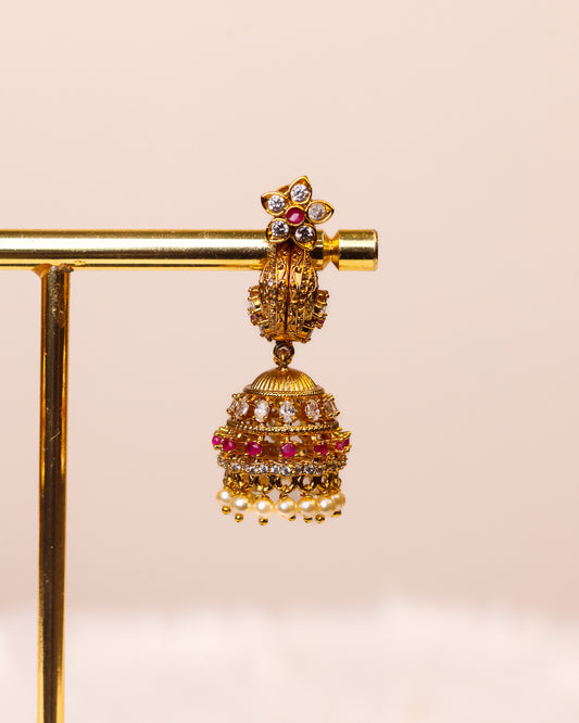 Padmavalli Ruby Pearl  Makara Kundhana Jhumkas premium Gold Polished Earings by Suwarnikaa jewels