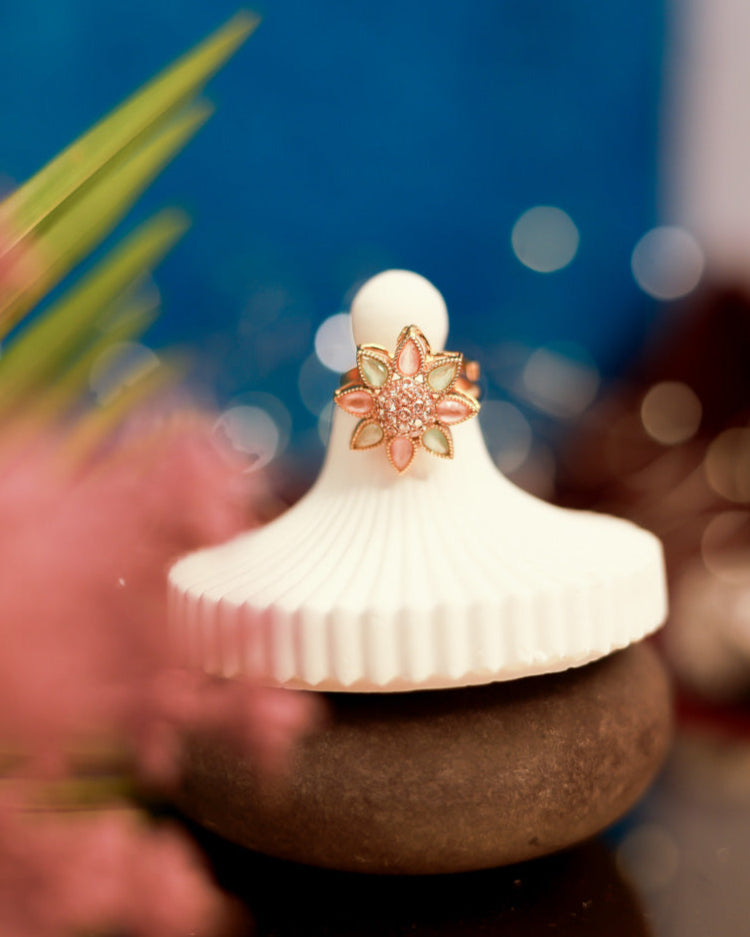 Pastel Petals Gold Plated with stones Brass  Finger Ring