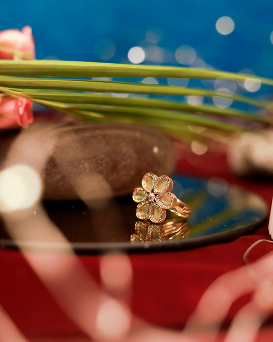 Suwarnikaa's Jade Petal Ring Gold Plated with stones Brass  Finger Ring