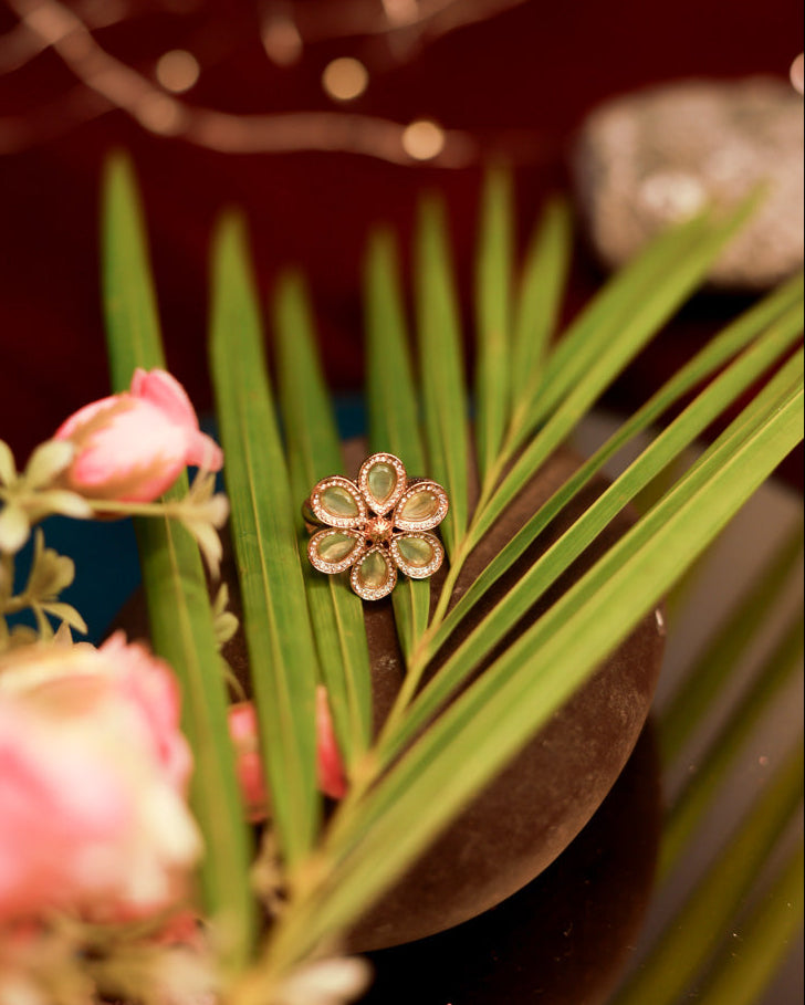 Suwarnikaa's Jade Petal Ring Gold Plated with stones Brass  Finger Ring