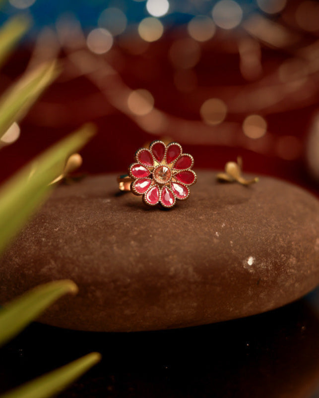 Suwarnikaa's Festive Petal Ring Gold Plated with stones Brass  Finger Ring