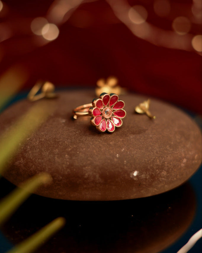 Suwarnikaa's Festive Petal Ring Gold Plated with stones Brass  Finger Ring