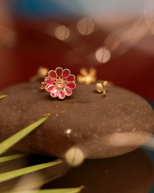 Suwarnikaa's Festive Petal Ring Gold Plated with stones Brass  Finger Ring