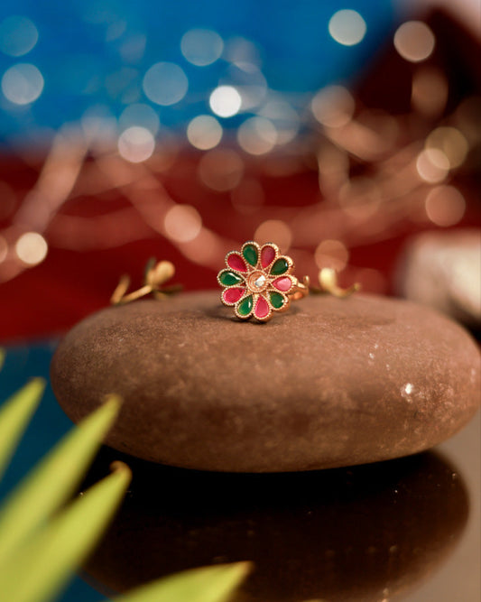 Suwarnikaa's Festive Petal Ring Gold Plated with stones Brass  Finger Ring