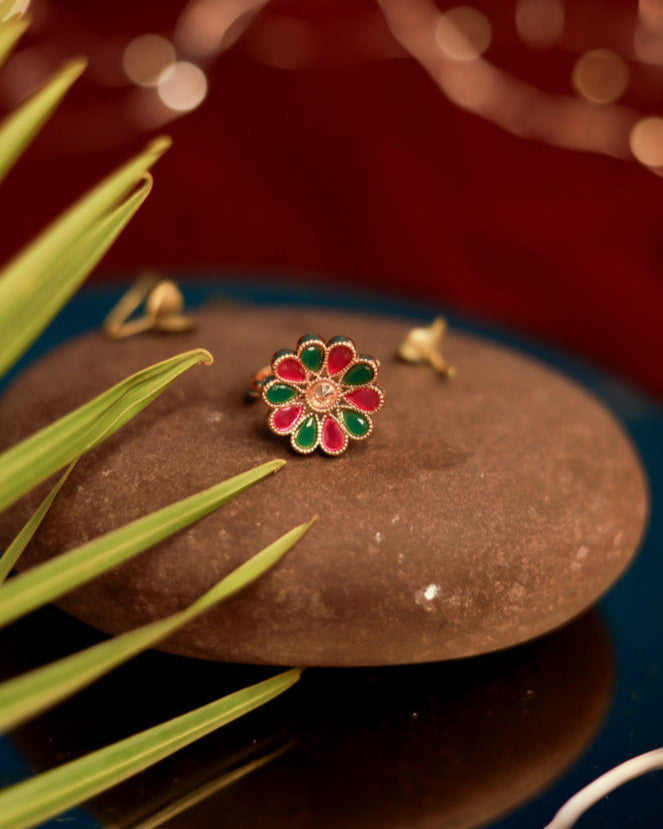 Suwarnikaa's Festive Petal Ring Gold Plated with stones Brass  Finger Ring