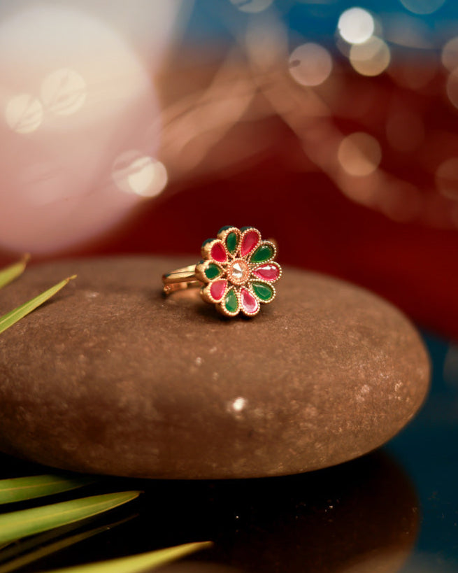 Suwarnikaa's Festive Petal Ring Gold Plated with stones Brass  Finger Ring