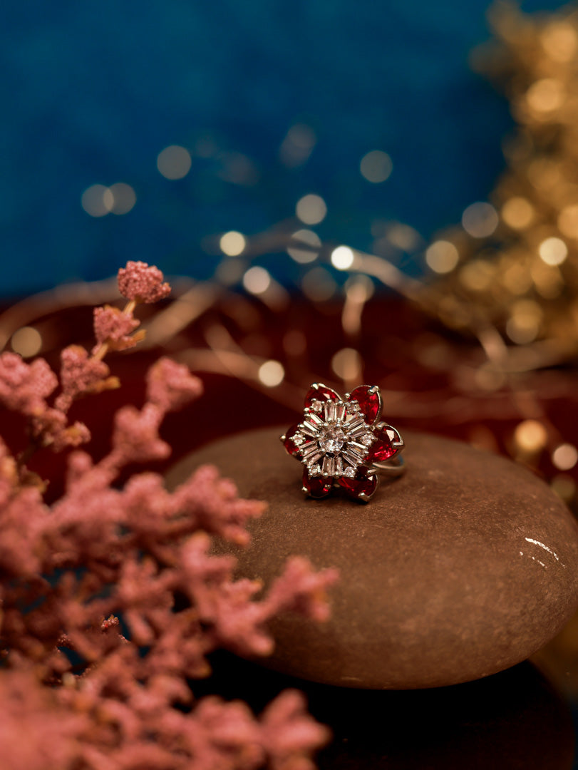 Red Stone flower American Diamond Ring