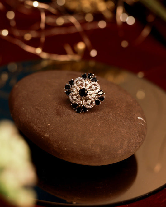 Black Floral American Diamond Ring