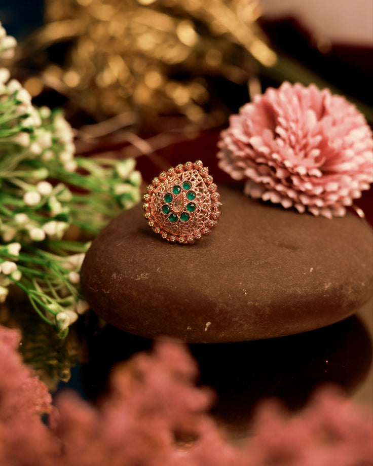 Suwarnikaa's Maharani Bloom Ring Gold Plated with stones Brass  Finger Ring