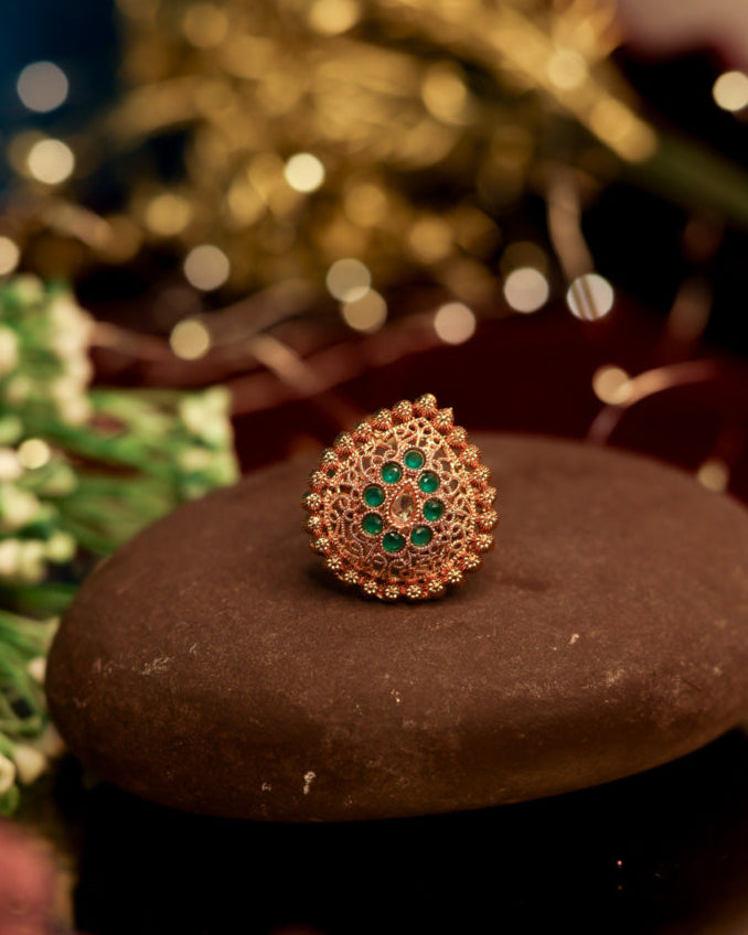 Suwarnikaa's Maharani Bloom Ring Gold Plated with stones Brass  Finger Ring