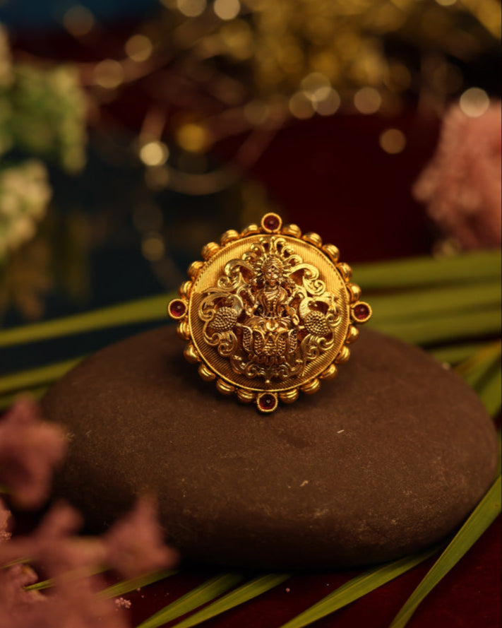 MahaLaxmi Devi  Gold Plated with stones Brass Temple Finger Ring