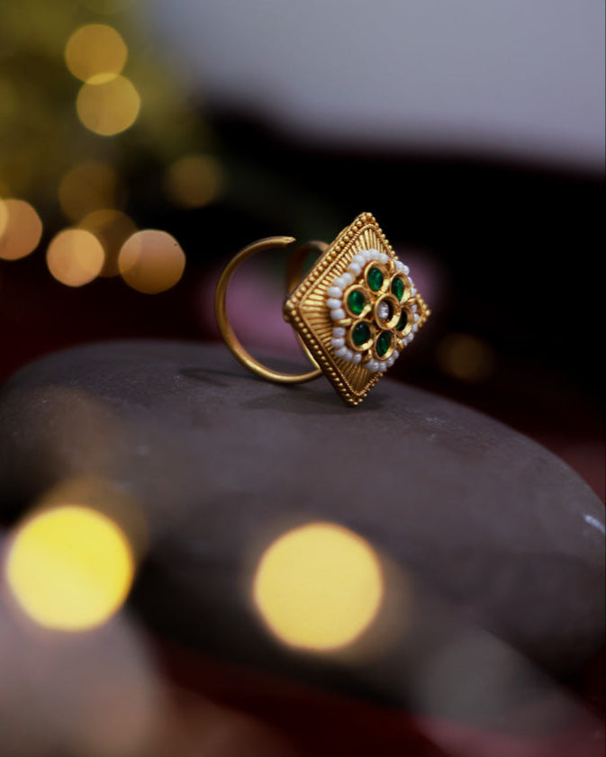 Heritage Bloom Ring Gold Plated with stones Brass  Finger Ring