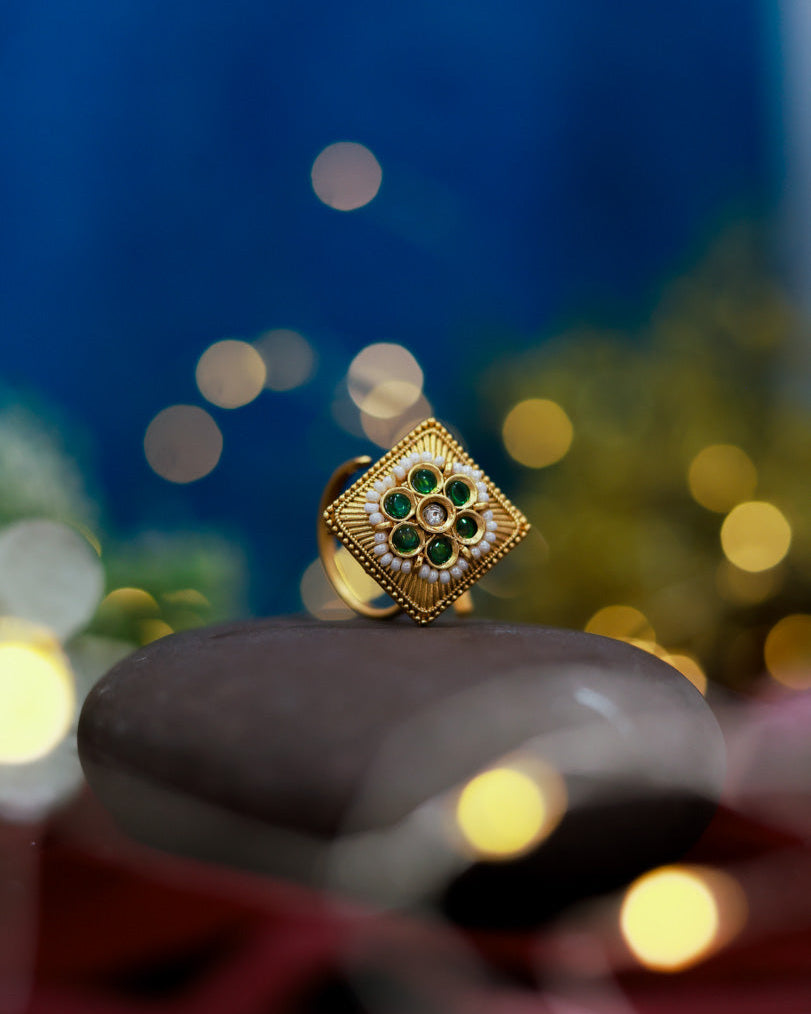 Heritage Bloom Ring Gold Plated with stones Brass  Finger Ring