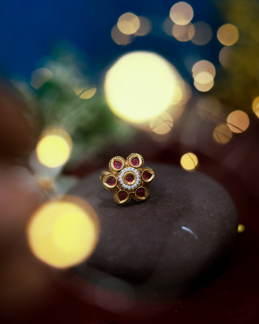 Suwarnikaa's Heritage Pearl Ring Gold Plated with stones Brass  Finger Ring