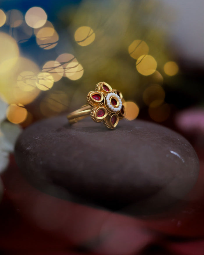 Suwarnikaa's Heritage Pearl Ring Gold Plated with stones Brass  Finger Ring