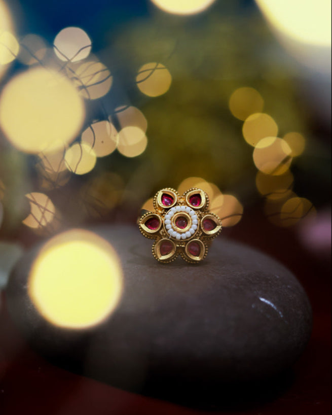 Suwarnikaa's Heritage Pearl Ring Gold Plated with stones Brass  Finger Ring