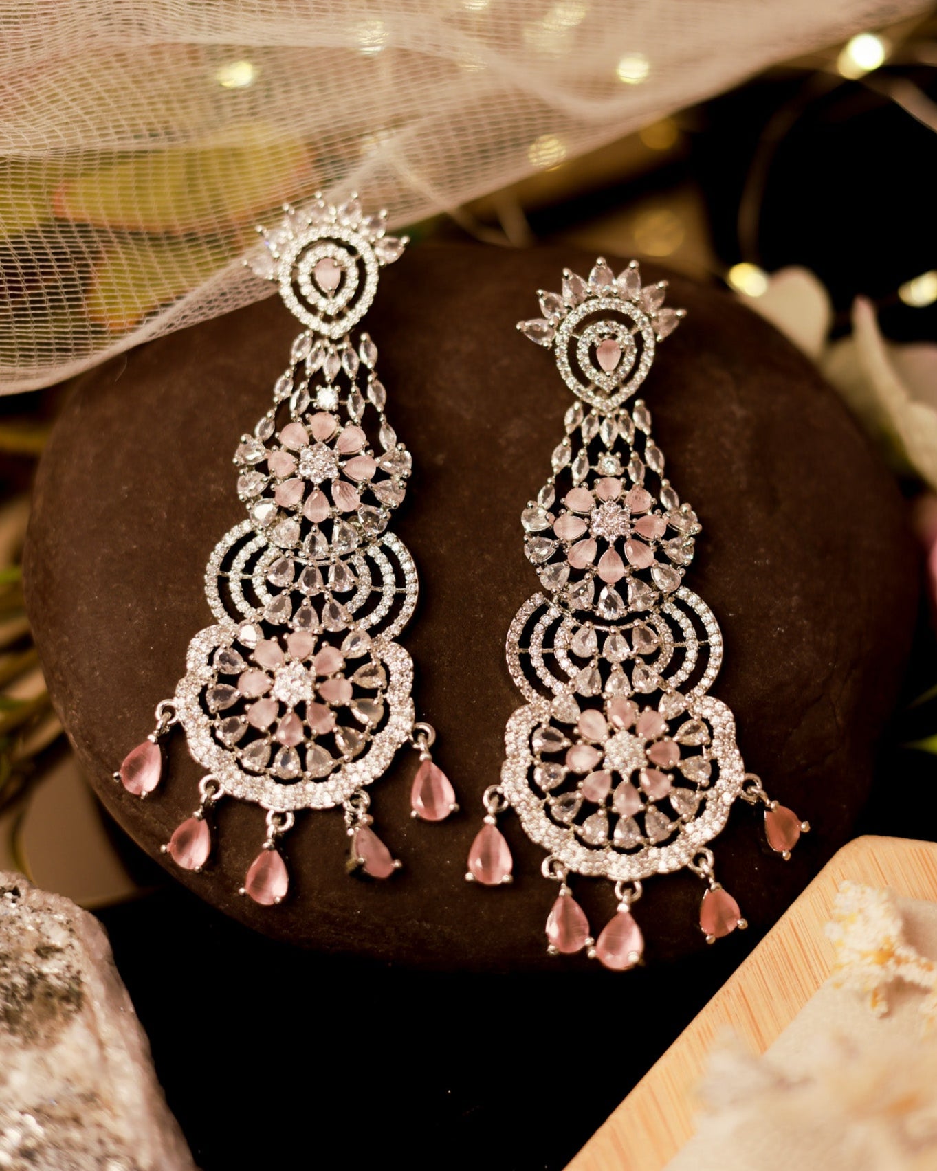 Suwarnikaa’s Pink  Petal Kiss American Diamond Earring