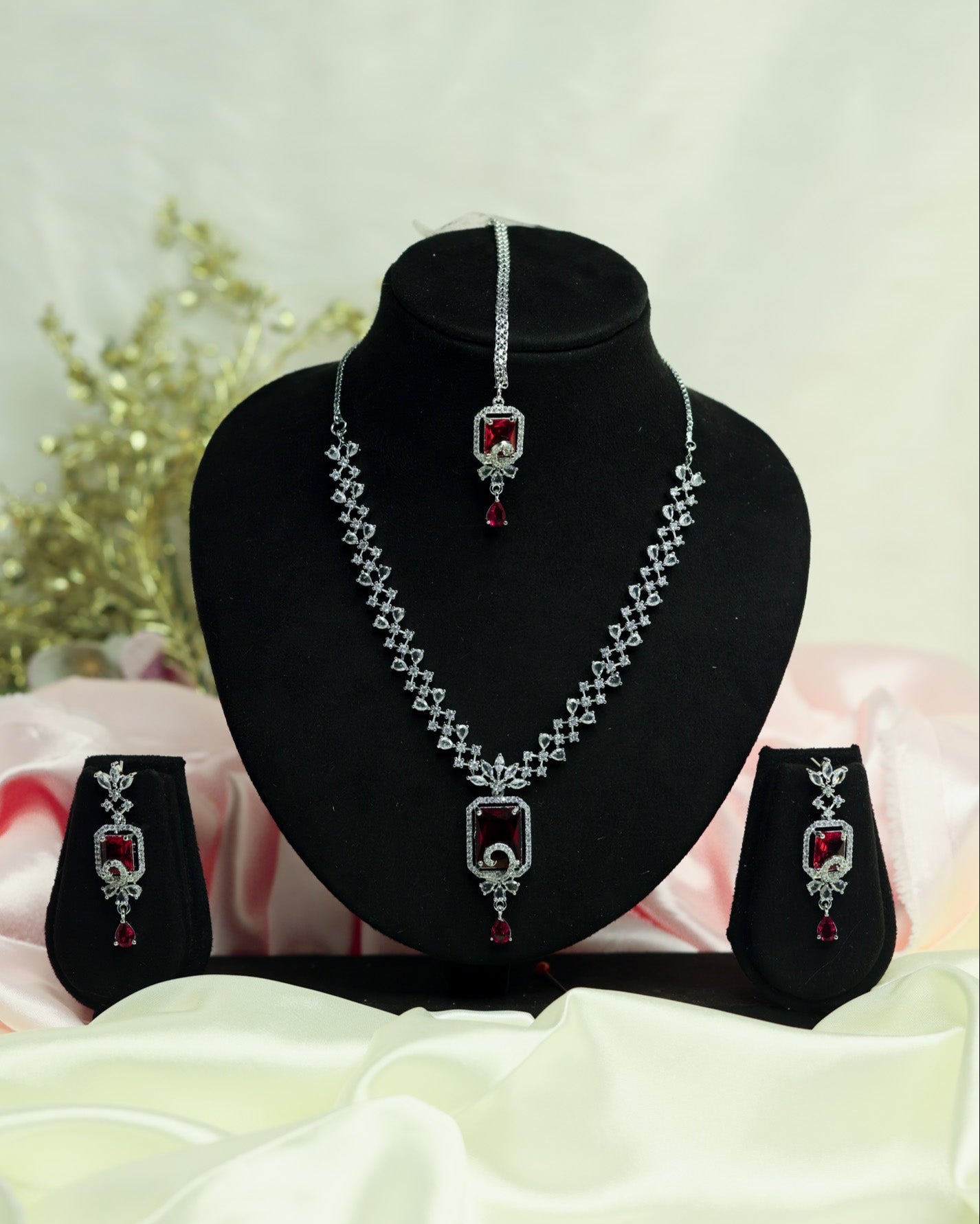 Suwarnikaa’s Red Majesty American Diamond Necklace set