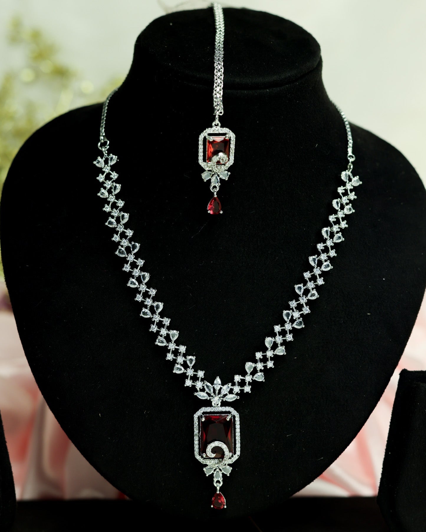 Suwarnikaa’s Red Majesty American Diamond Necklace set