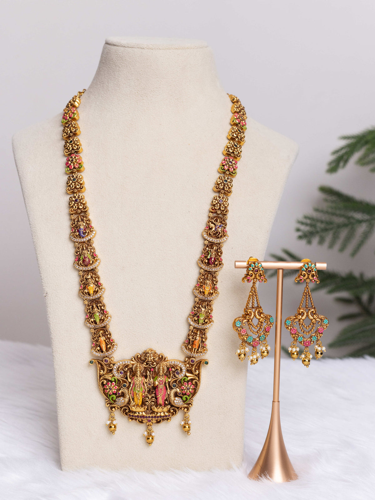 Swarna Dasavatara meenakari Temple Necklace Set  by suwarnikaa jewels