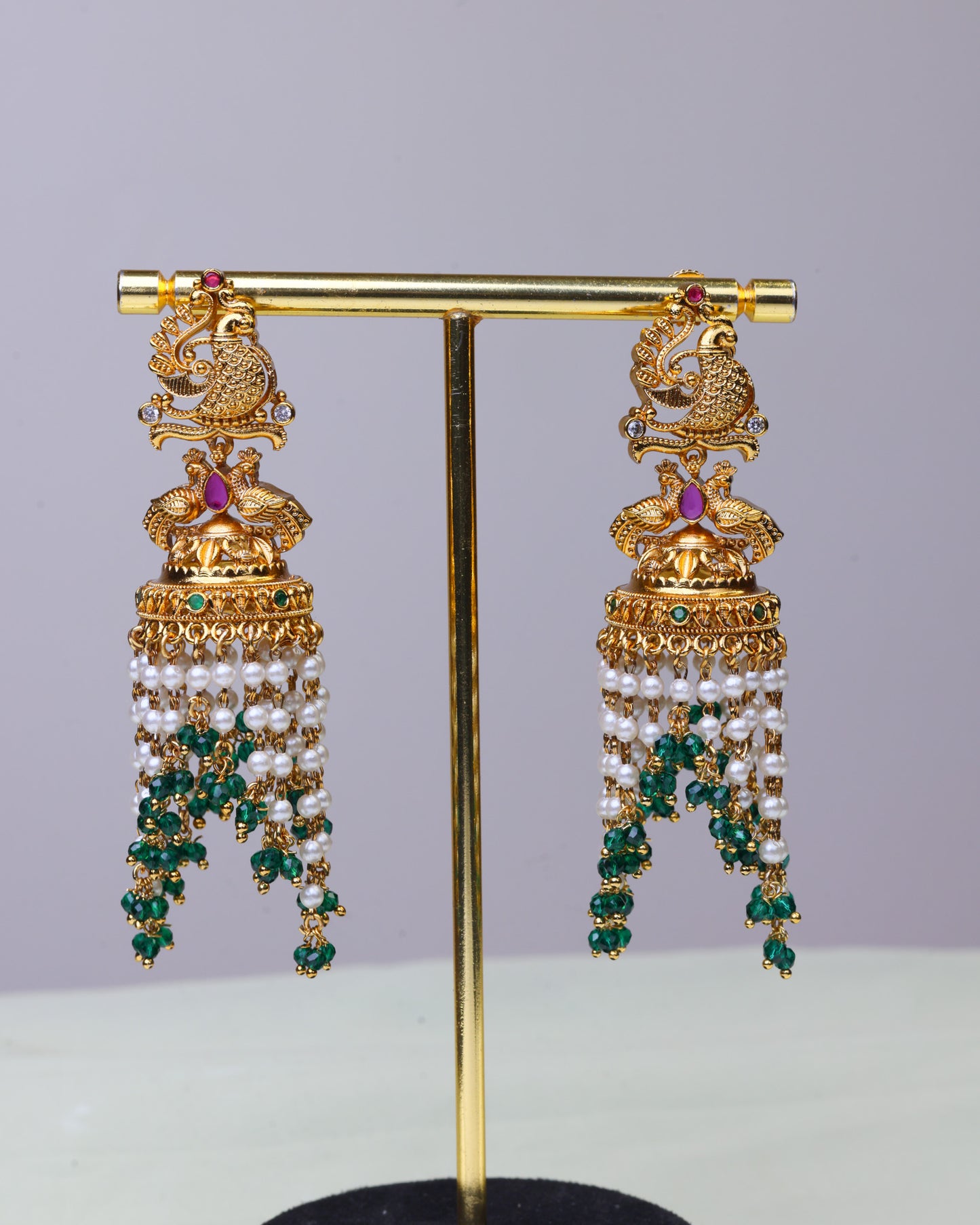 Swarna Mayura emerald Pearl Drop Jhumkas  by Suwarnikaa jewels
