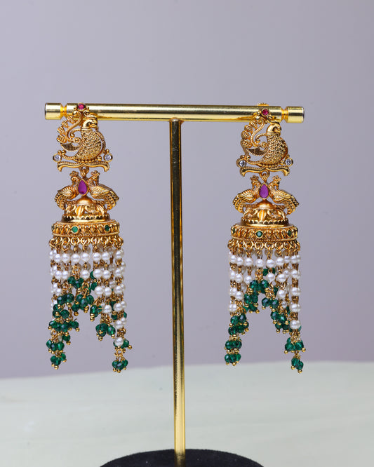 Swarna Mayura emerald Pearl Drop Jhumkas  by Suwarnikaa jewels