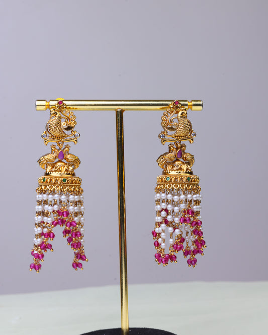 Swarna Mayura Ruby Pearl Drop Jhumkas  by Suwarnikaa jewels