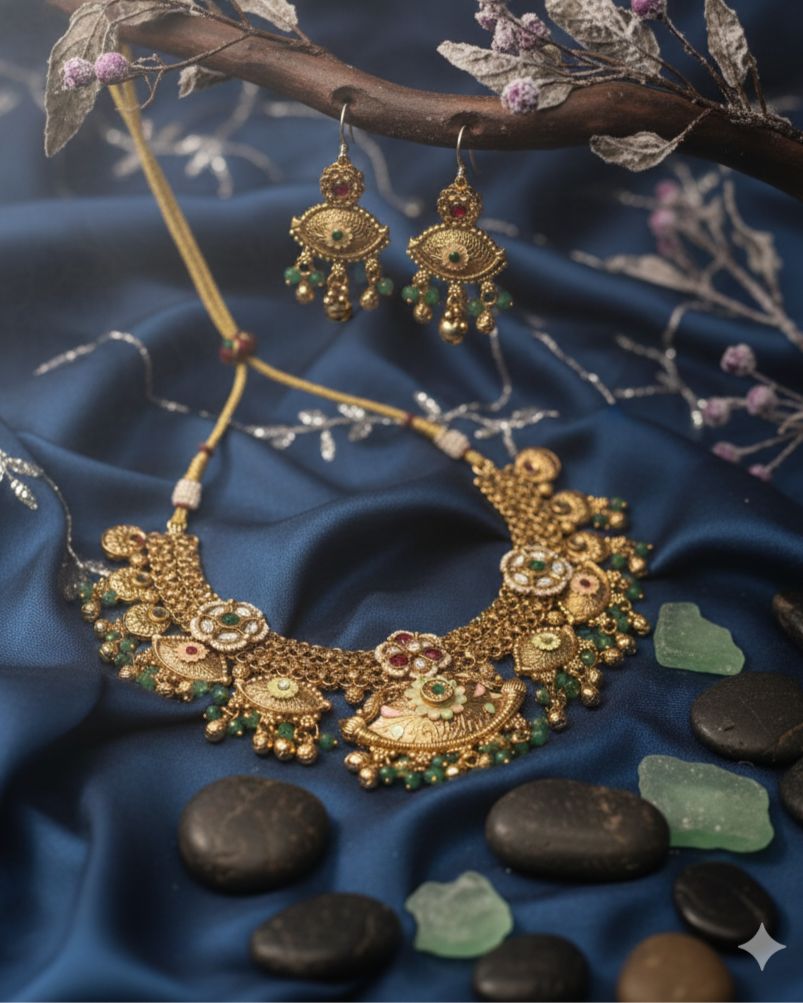 Gold Plated Neck Set with Highlighted Big Boss Eye Design