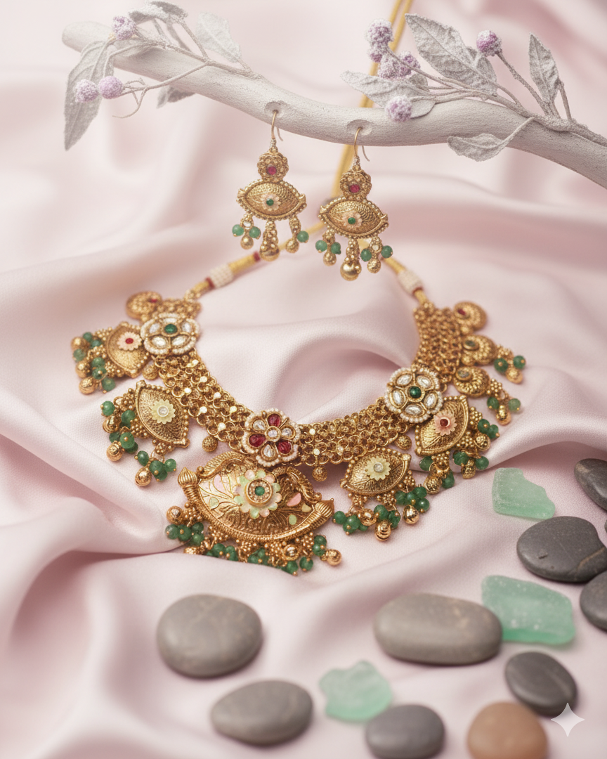 Gold Plated Neck Set with Highlighted Big Boss Eye Design