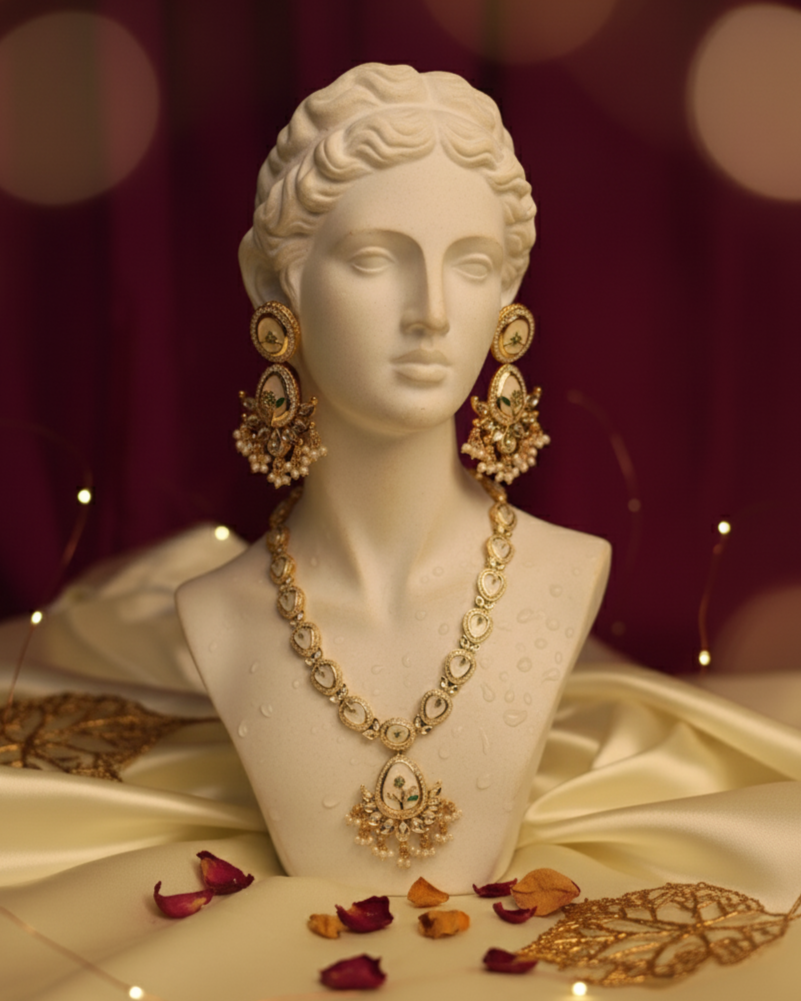 Suwarnikaa’s Rajakumari Moissanite & Kundan Premium Necklace Set