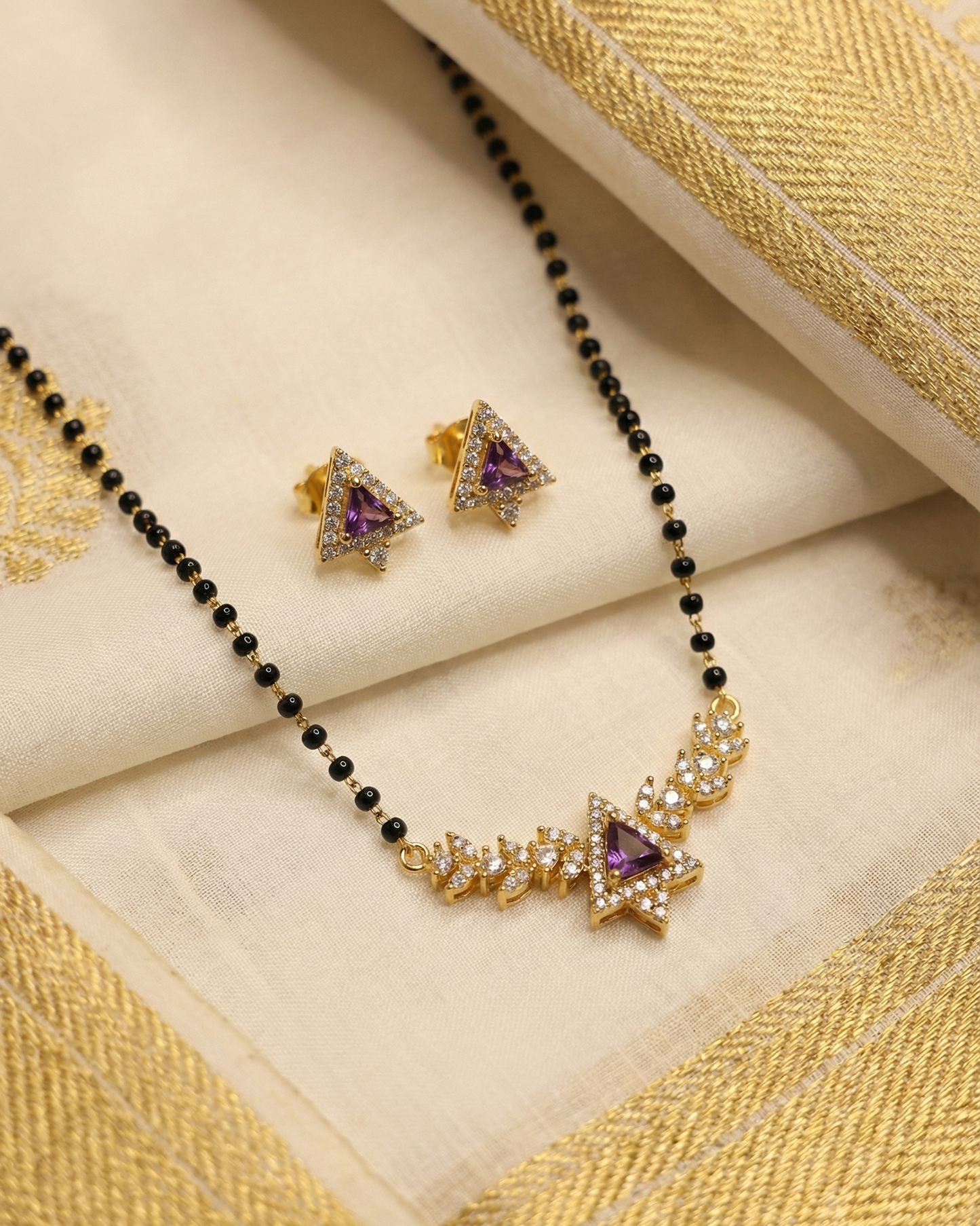 Trikon Black Beads Chain – Premium Gold Polish Black Beads(18") Chain by Suwarnikaa Jewels