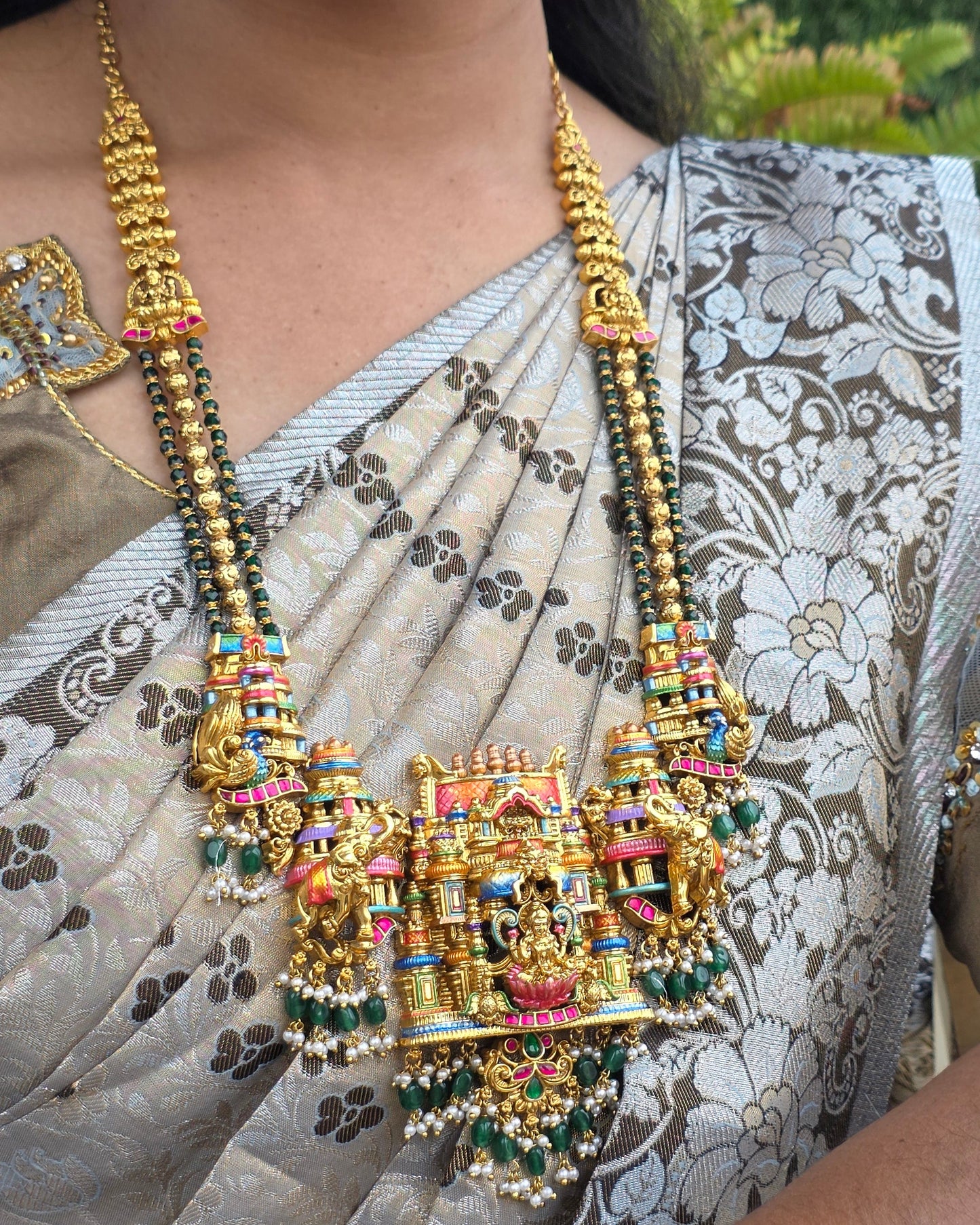Aishwarya Lakshmi Temple Meenakari Haram  (Emerald) - (Premium Masterpiece Edition) – By Suwarnikaa Jewels
