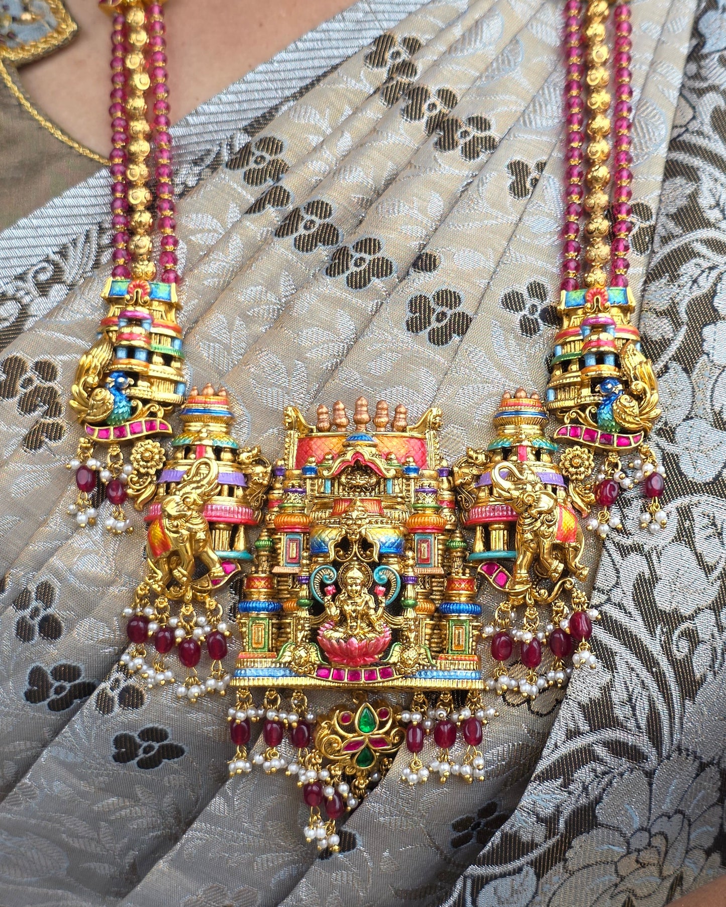 Aishwarya Lakshmi Temple Meenakari Haram  (Ruby) - (Premium Masterpiece Edition) – By Suwarnikaa Jewels