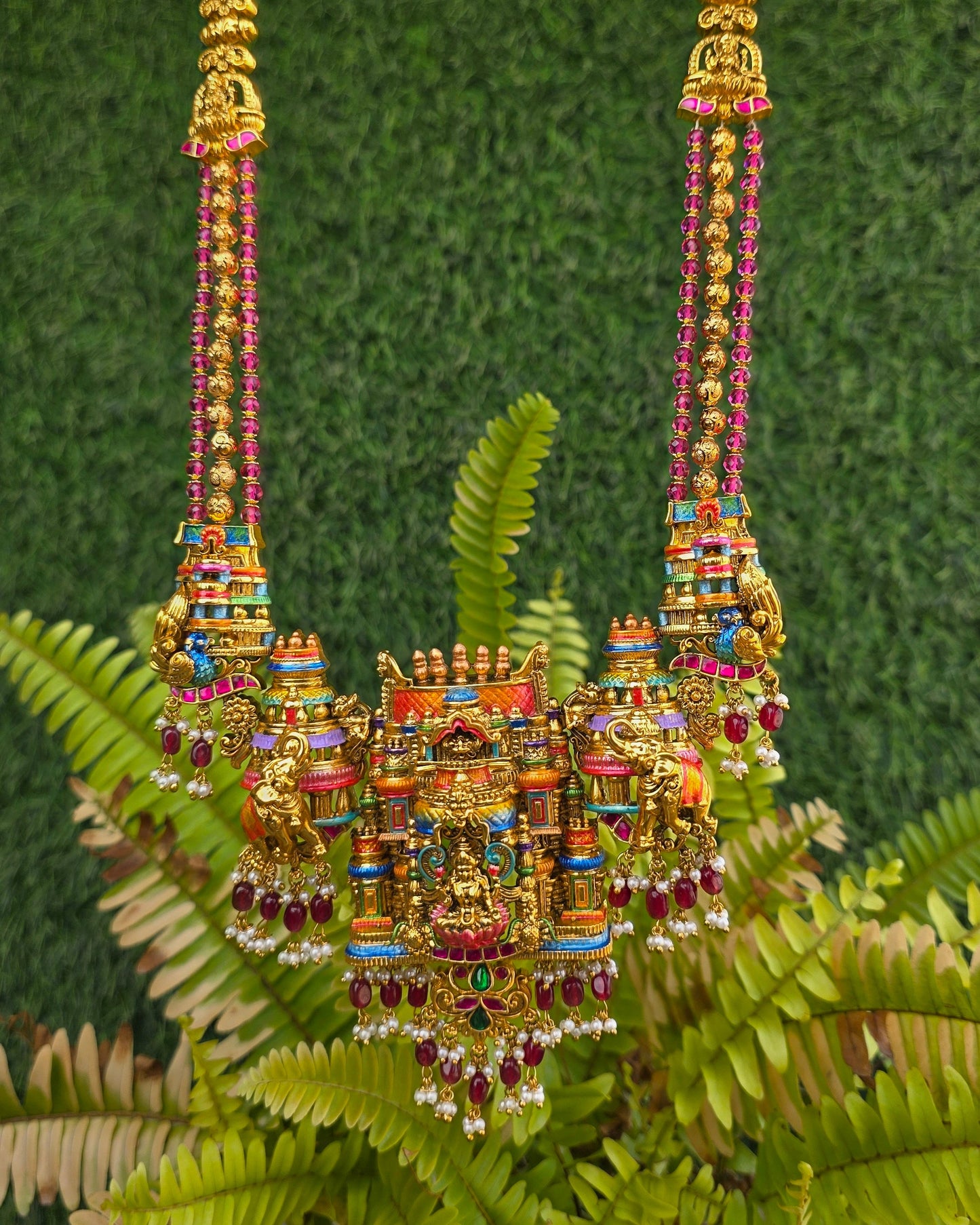 Aishwarya Lakshmi Temple Meenakari Haram  (Ruby) - (Premium Masterpiece Edition) – By Suwarnikaa Jewels