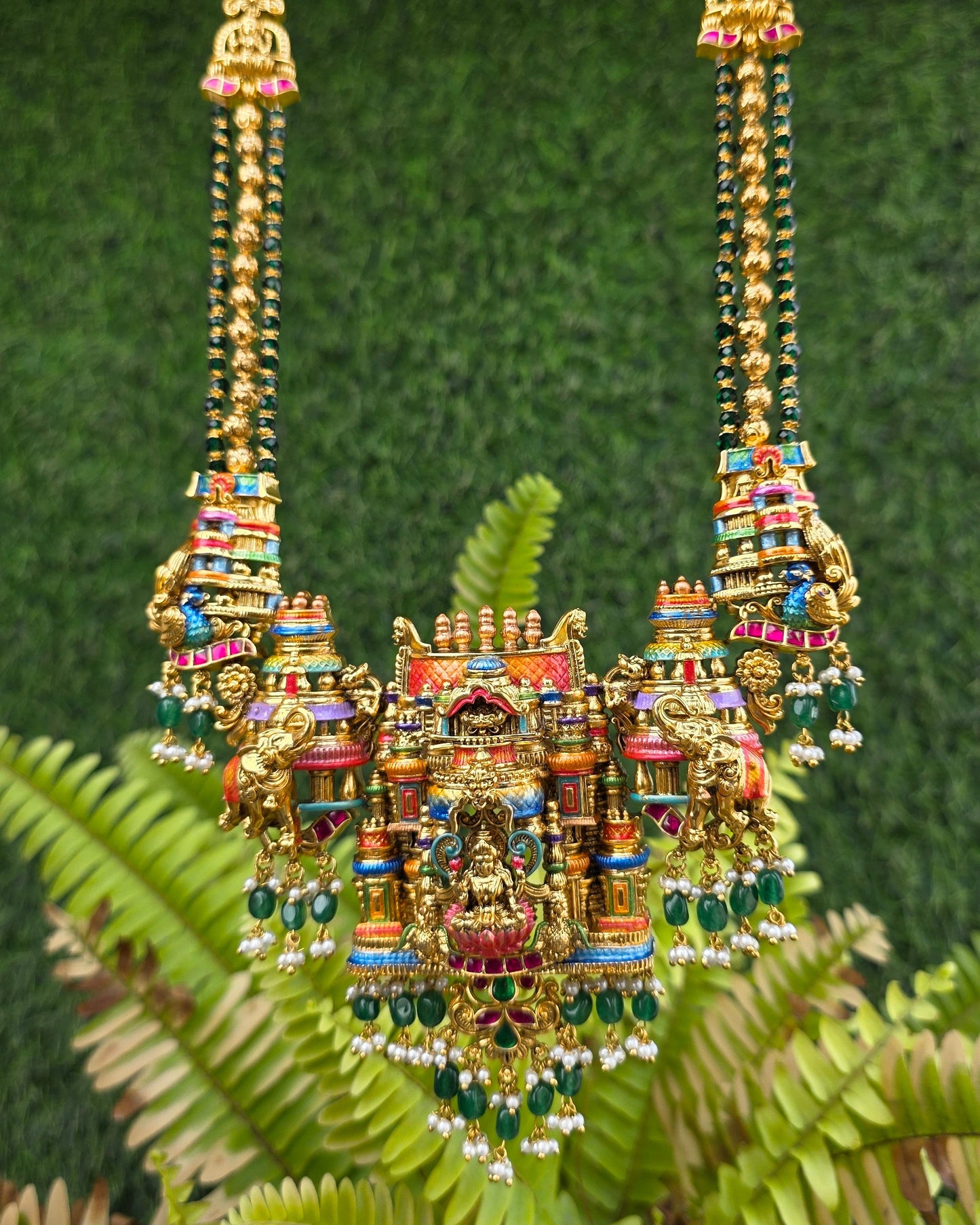 Aishwarya Lakshmi Temple Meenakari Haram  (Emerald) - (Premium Masterpiece Edition) – By Suwarnikaa Jewels