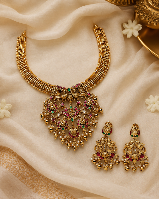 Aabharana Mayura ruby Jadau Set Temple Jewellery By Suwarnikaa Jewels