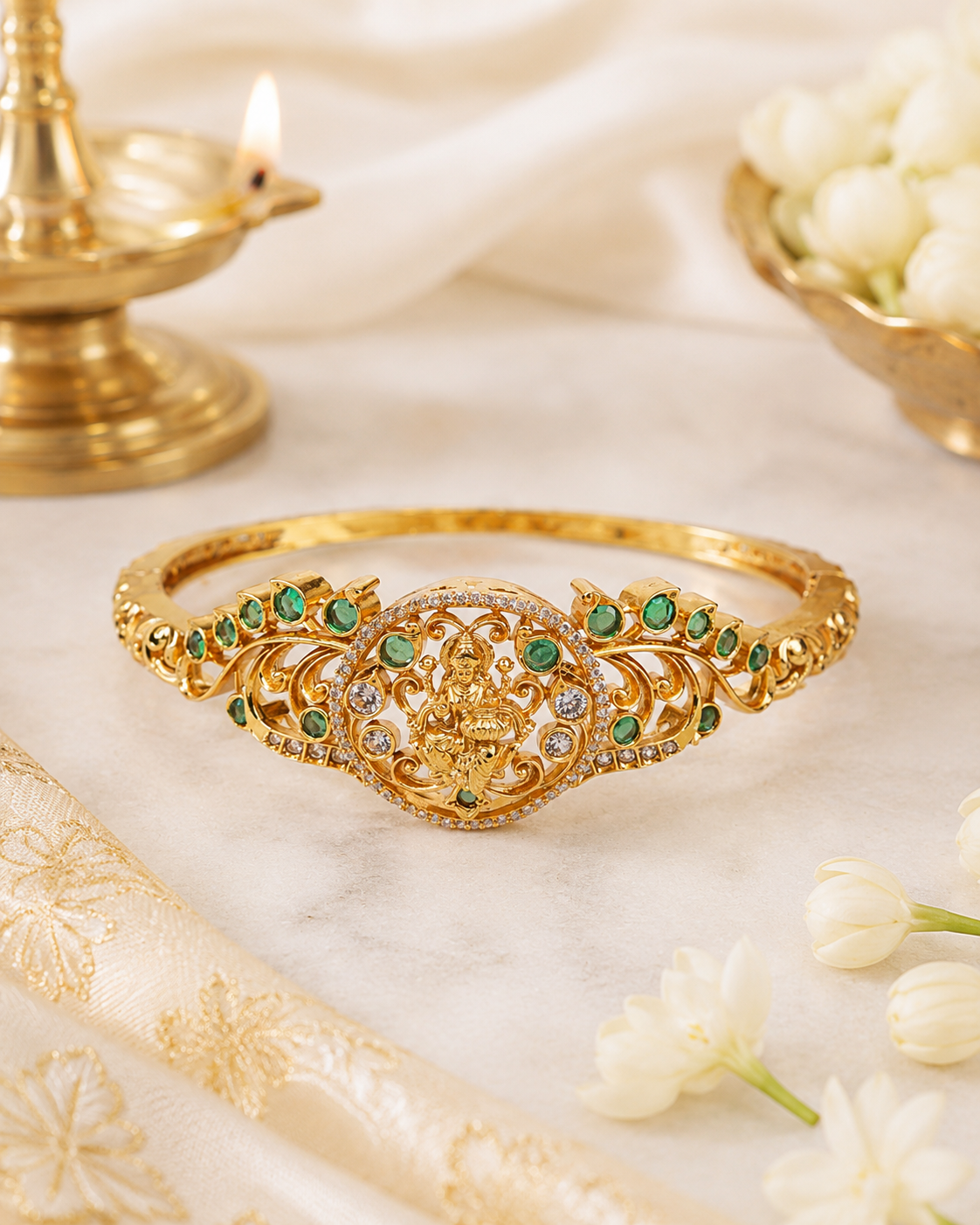 Emerald lakshmi devi Grace Kada openable free size"- (Premium Masterpiece Edition) – By Suwarnikaa Jewels