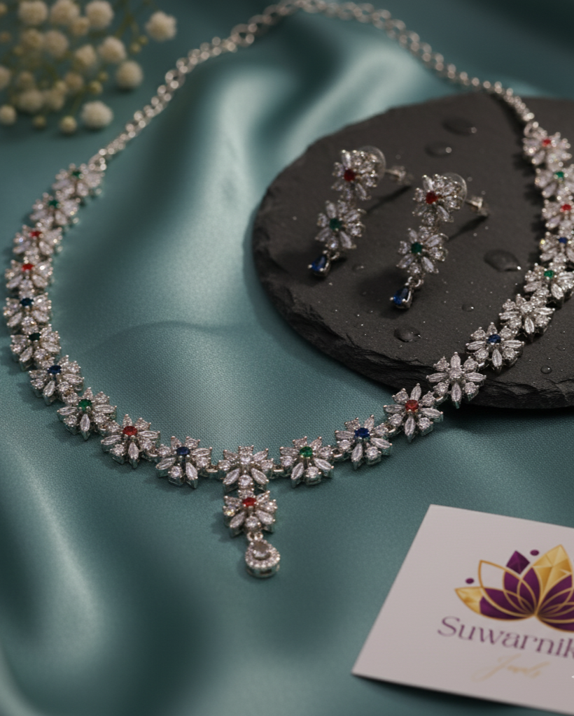 Suwarnikaa’s Rainbow Radiance American Diamond Necklace Set