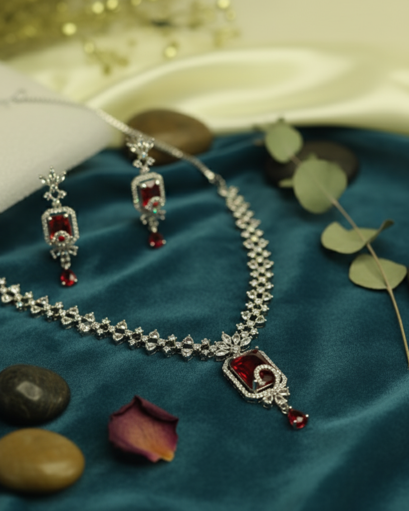 Suwarnikaa’s Red Majesty American Diamond Necklace set