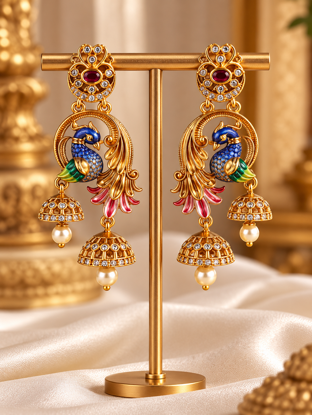 Suvarna Mayuri meenakari  Jhumkas premium Gold Polished Earings by Suwarnsikaa jewel
