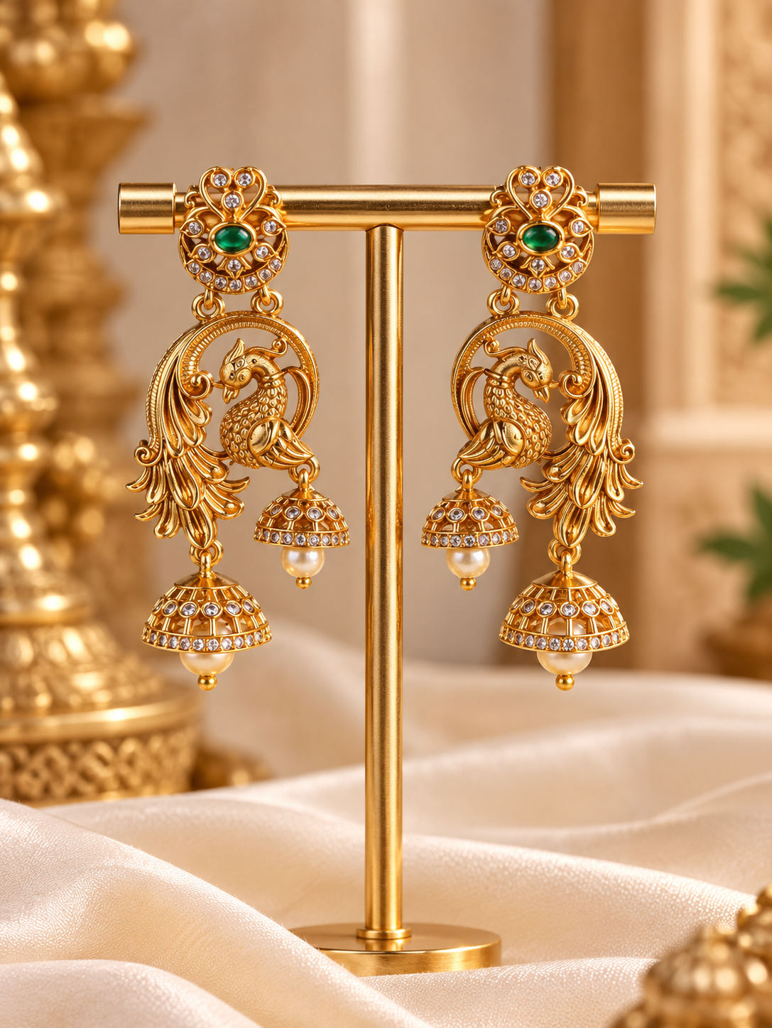 Suvarna Mayuri Jhumkas premium Gold Polished Earings by Suwarnikaa jewels