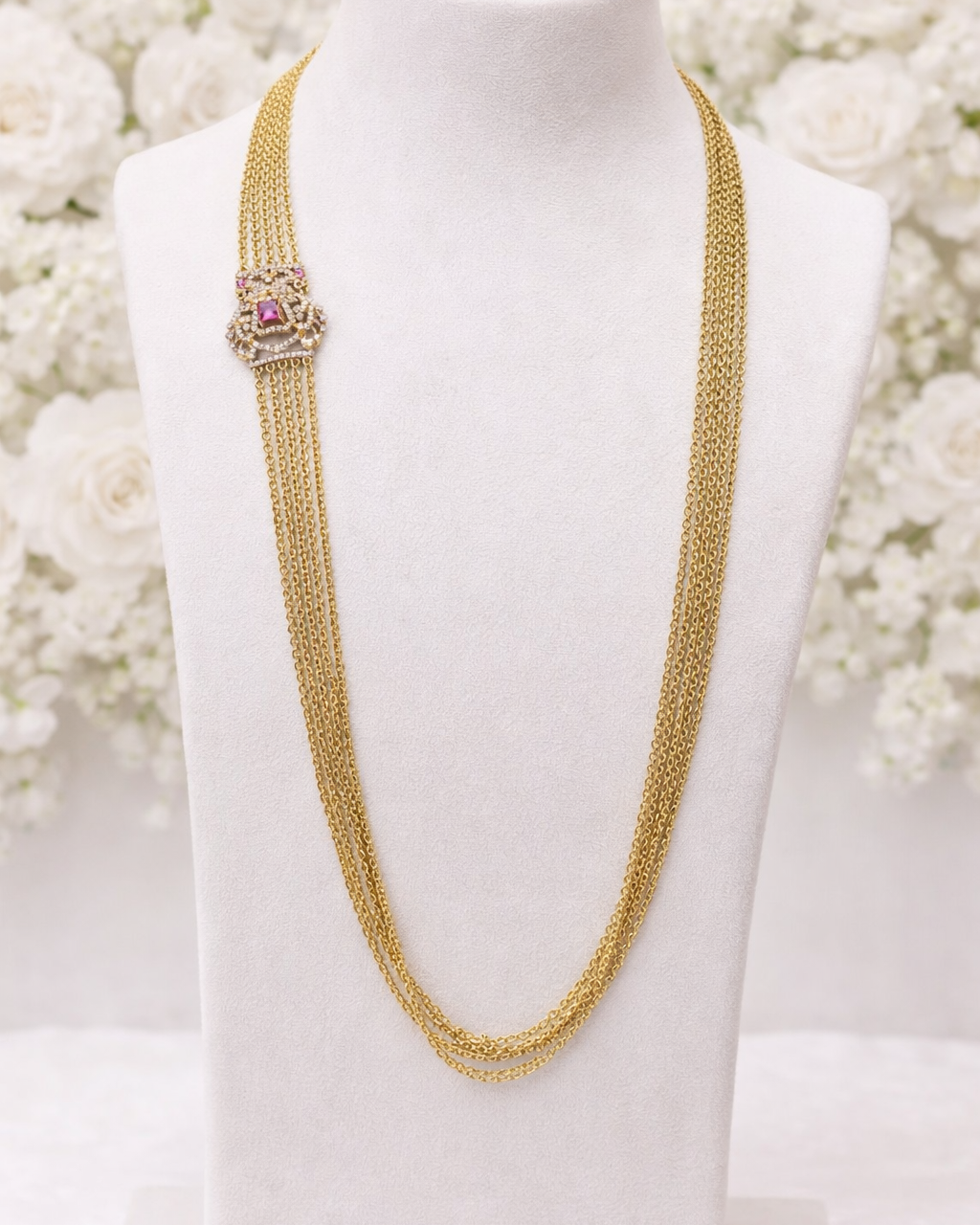 Kanishka Chandra Haram(30"- 5 Line) – Premium Multi-Layer Gold Finish Long Chain Necklace By Suwarnikaa Jewels